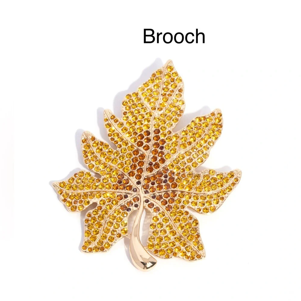 Gold Leaf Brooch with Yellow and Brown Crystals